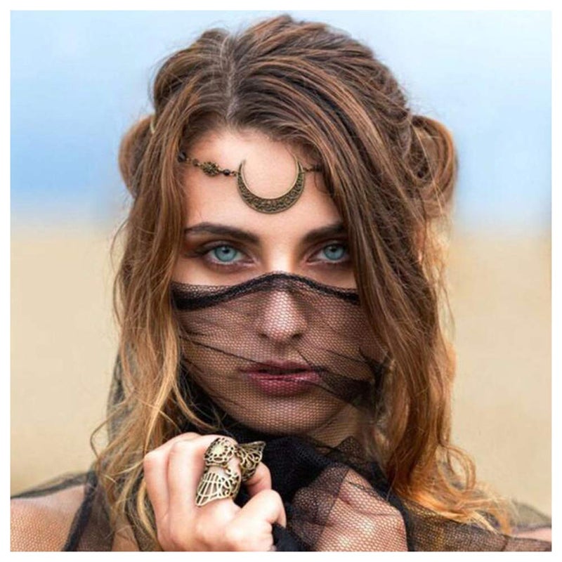 Aimimier Viking Crystal Head Moon Circlet Headpiece Crescent Forehead Chain Halloween Crystal Headband Prom Hair Jewelry for Women (Retro Gold) - Image 2